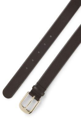 Italian-made grained-leather belt with logo-engraved buckle, Dark Brown