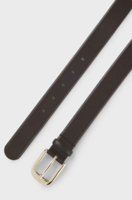 Italian-made grained-leather belt with logo-engraved buckle, Dark Brown