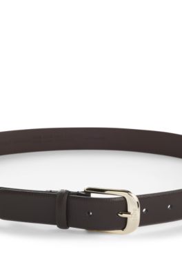 Italian-made grained-leather belt with logo-engraved buckle, Dark Brown