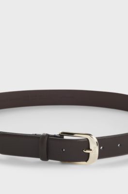 Italian-made grained-leather belt with logo-engraved buckle, Dark Brown