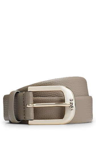 Italian-leather belt with engraved-logo buckle, Beige