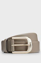 Italian-made grained-leather belt with logo buckle, Beige