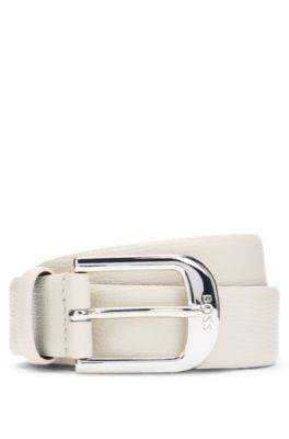 Italian-made grained-leather belt with logo-engraved buckle, Natural