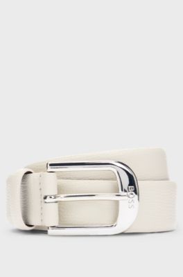 Italian-made grained-leather belt with logo-engraved buckle, Natural