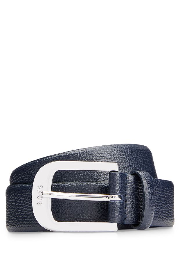 Italian-leather belt with engraved-logo buckle, Dark Blue