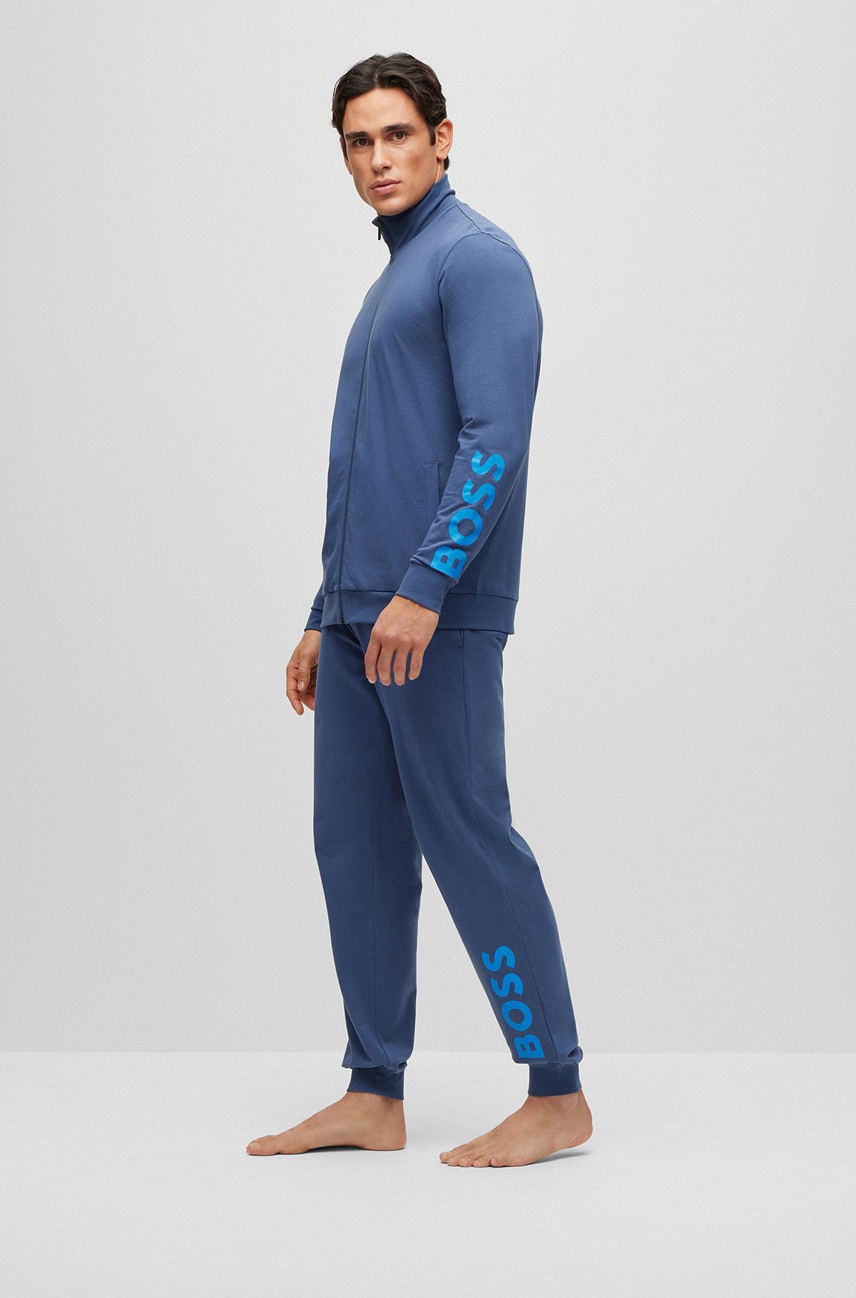 Stretch-cotton loungewear set with contrast logos, Blue