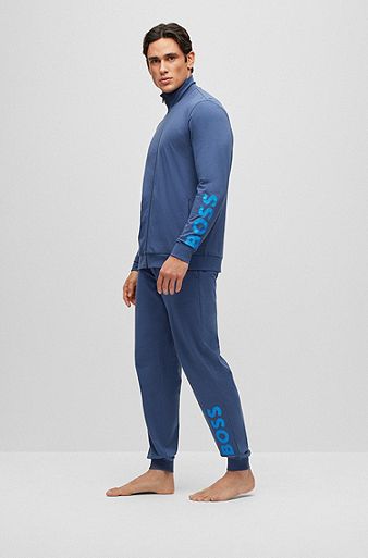 Stretch-cotton loungewear set with contrast logos, Blue