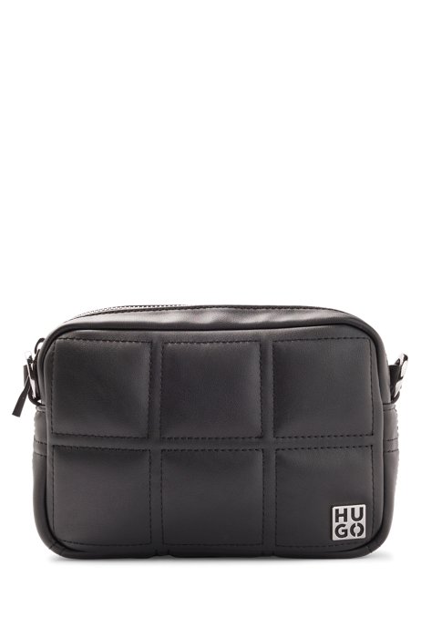Quilted crossbody bag with stacked-logo plaque, Black