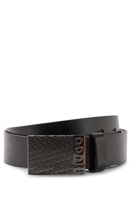 Italian-leather belt with stacked-logo-motif plaque buckle, Black