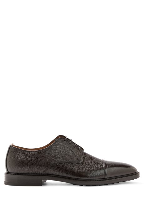Italian-made cap-toe Derby shoes in grained leather, Dark Brown