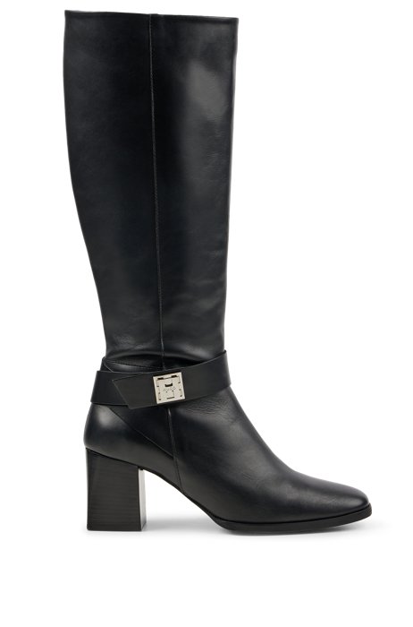 Knee-high boots in nappa leather with logo trim, Black
