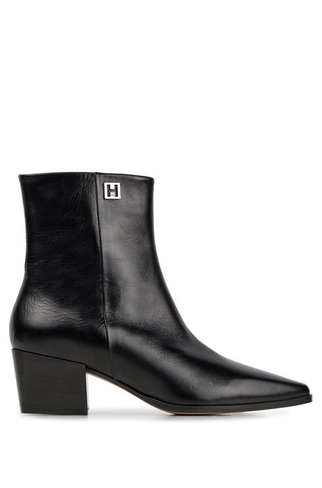Zip-up ankle boots in leather with logo trim, Black
