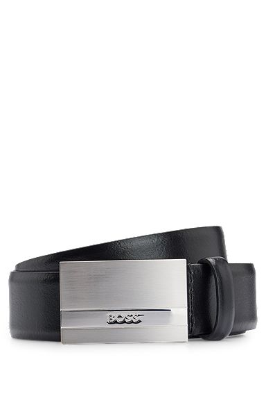 Italian-leather belt with logo-plaque buckle, Black
