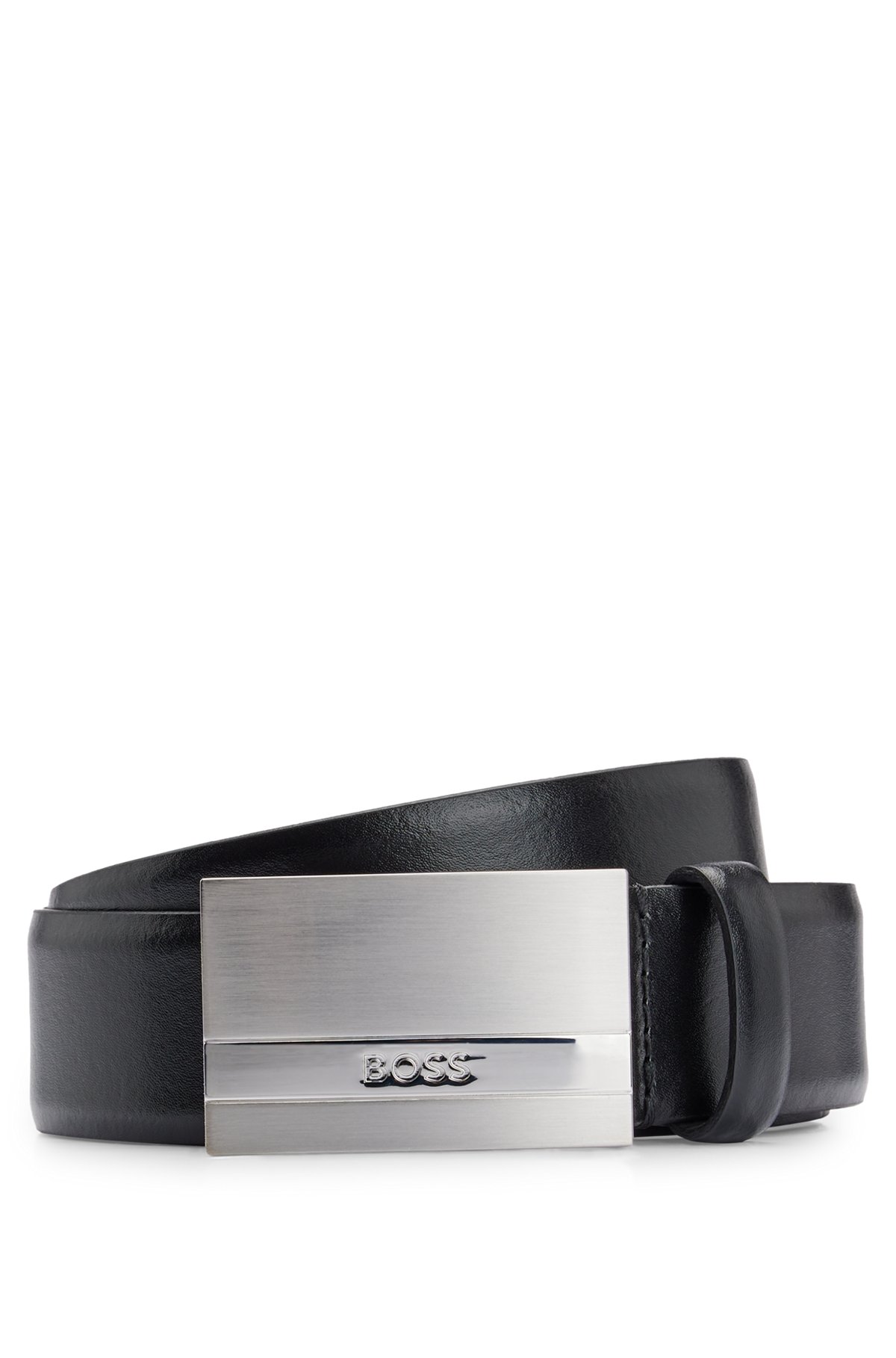 Cinturón de piel italiana con hebilla con placa y logo, Negro