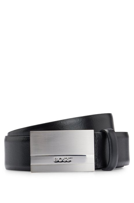 Italian-leather belt with logo-engraved plaque buckle, Black