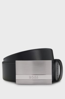 Ceinture en cuir italien avec boucle plate &agrave; logo grav&eacute;, Noir