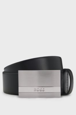 Ceinture en cuir italien avec boucle plate &agrave; logo grav&eacute;, Noir