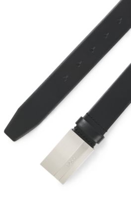 イタリアンレザー ベルト ロゴエングレーブ プレートバックル, ブラック