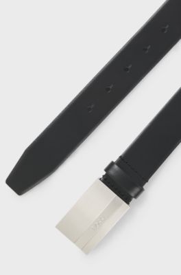 Ceinture en cuir italien avec boucle plate &agrave; logo grav&eacute;, Noir