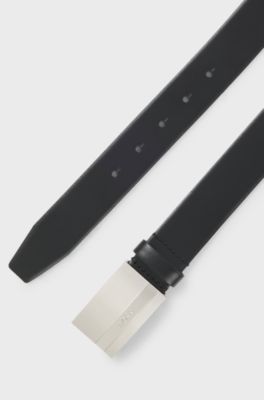 Italian-leather belt with logo-engraved plaque buckle, Black