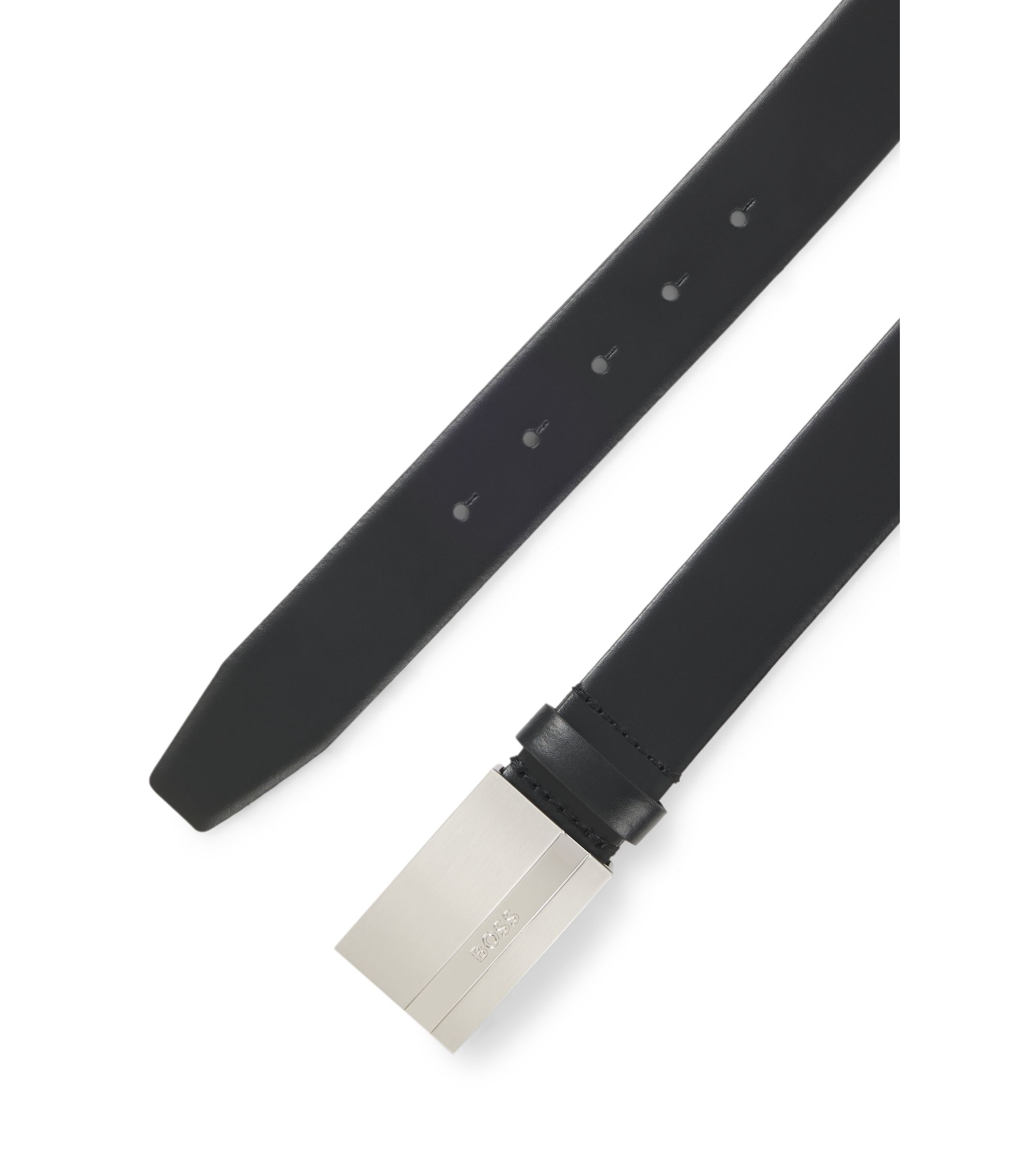 ブラックレザー ベルト ロゴバックル BOSS - レザーベルト ロゴバックル - ブラック
