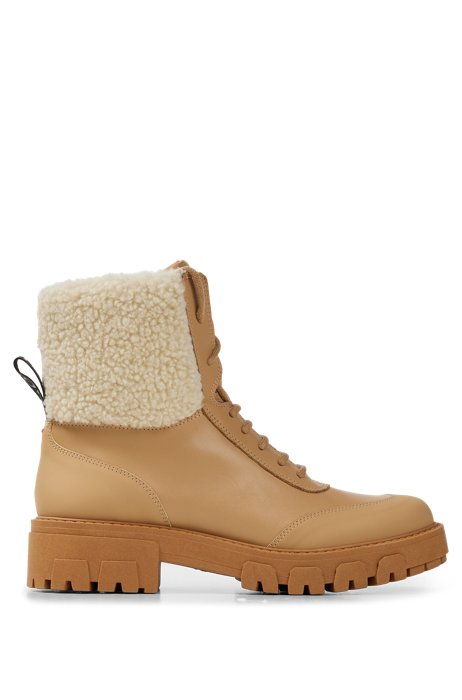 Ankle boots in nappa leather with faux-fur cuff, Beige