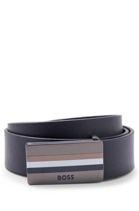 Leather belt with signature-stripe plaque buckle, Black