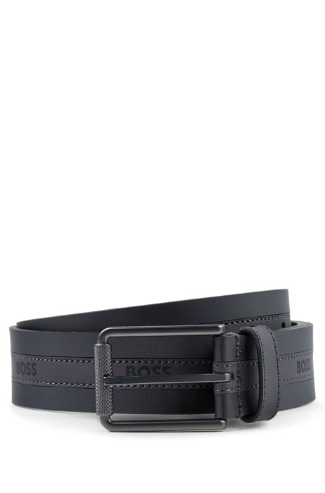 Coated Italian-leather belt with stitched logo strap, Black