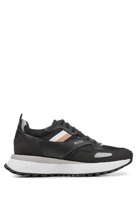 Mixed-material trainers with signature stripe, Black