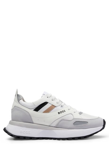 Mixed-material trainers with signature stripe, White