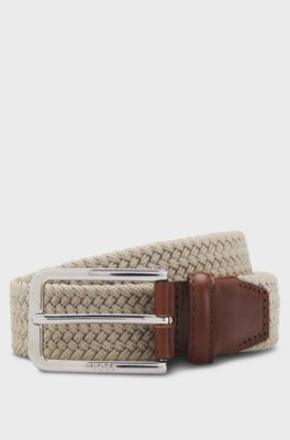Woven belt with leather facings, Light Beige
