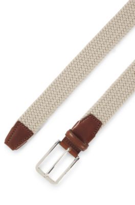Woven belt with leather facings, Light Beige
