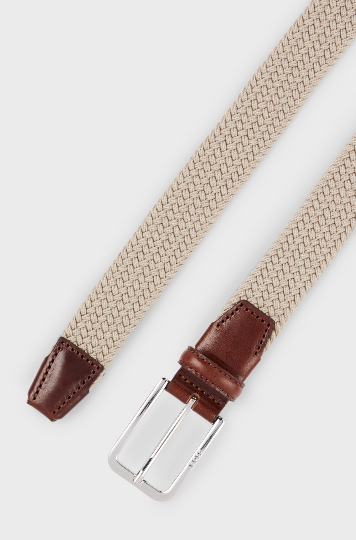 Woven belt with leather facings, Light Beige