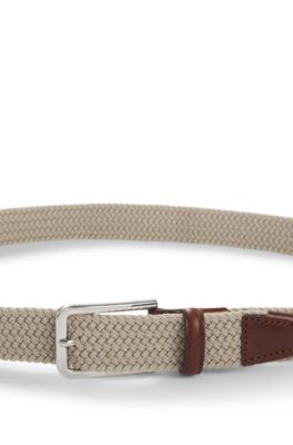Woven belt with leather facings, Light Beige