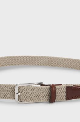 Woven belt with leather facings, Light Beige