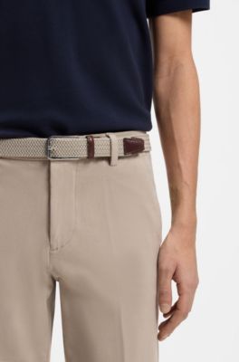 Woven belt with leather facings, Light Beige