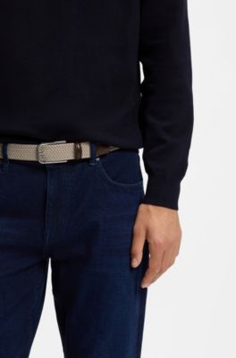 Geweven riem met leren delen, Lichtbeige