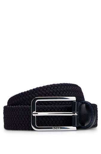 Woven belt with leather facings, Dark Blue