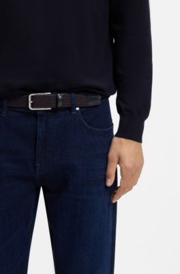 Woven belt with leather facings, Dark Blue