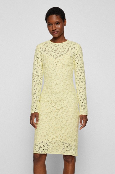 Long-sleeved dress in cotton-blend lace, Yellow