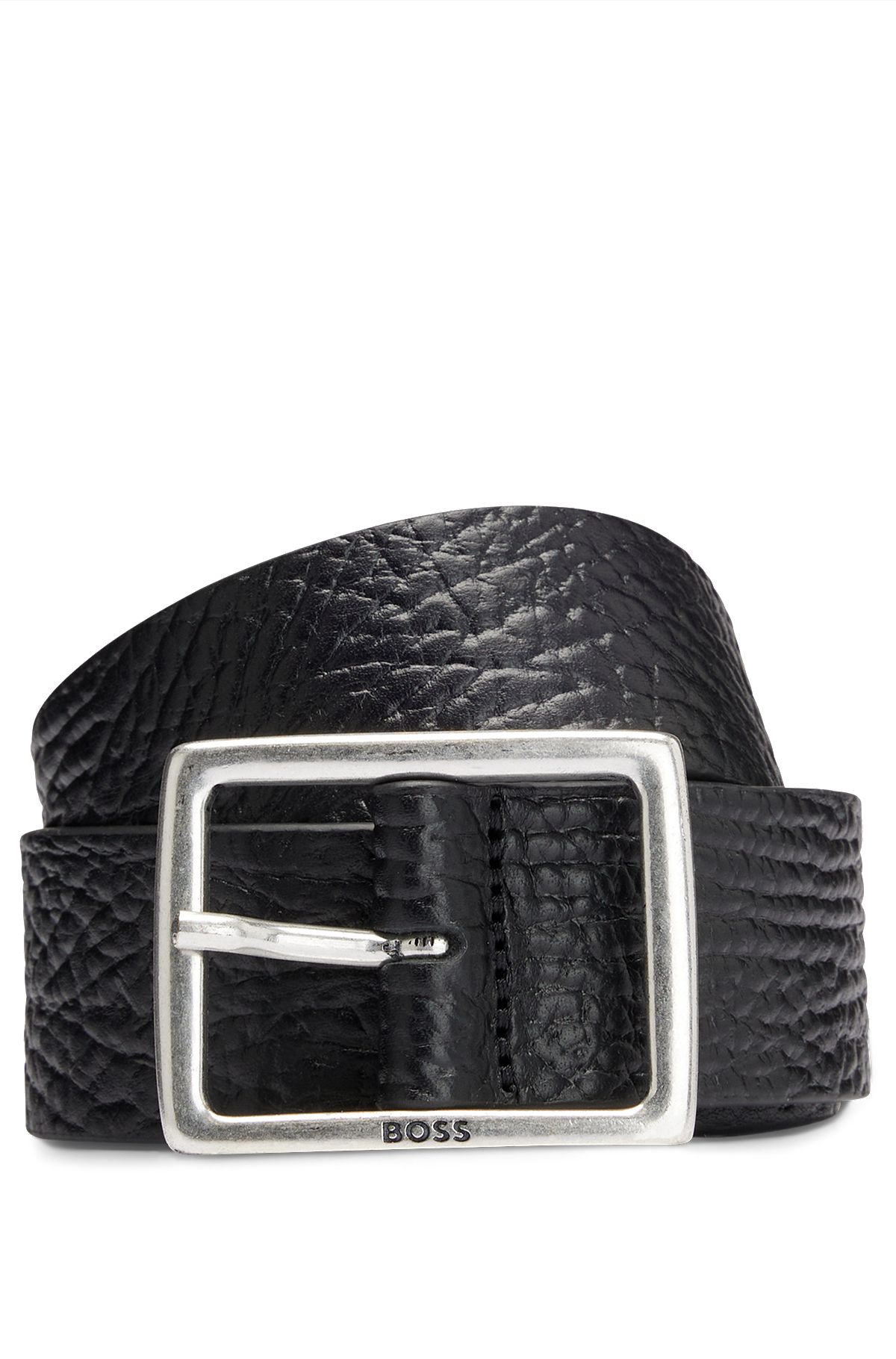 Grained-leather belt with frame buckle, Black
