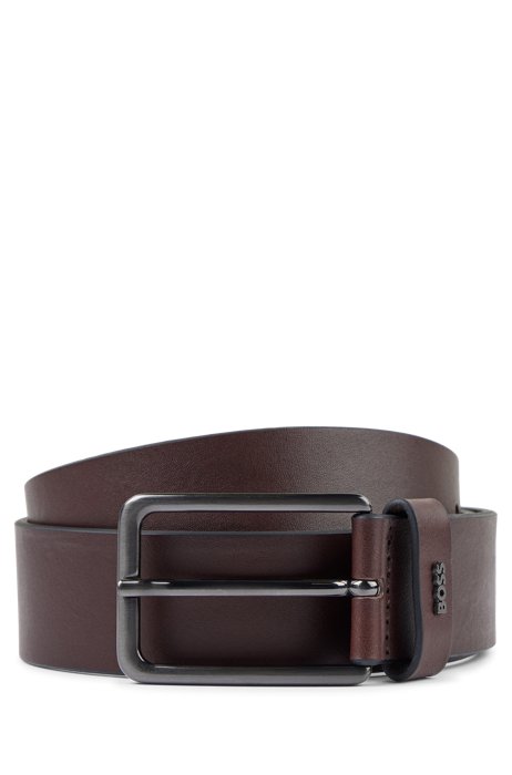 Smooth-leather belt with logo-lettering keeper, Dark Brown