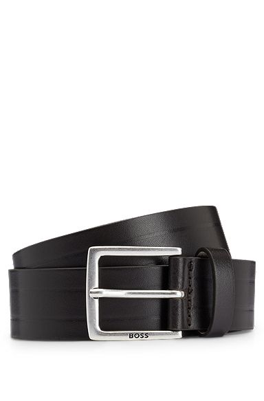 Embossed-leather belt with silver-effect buckle, Black