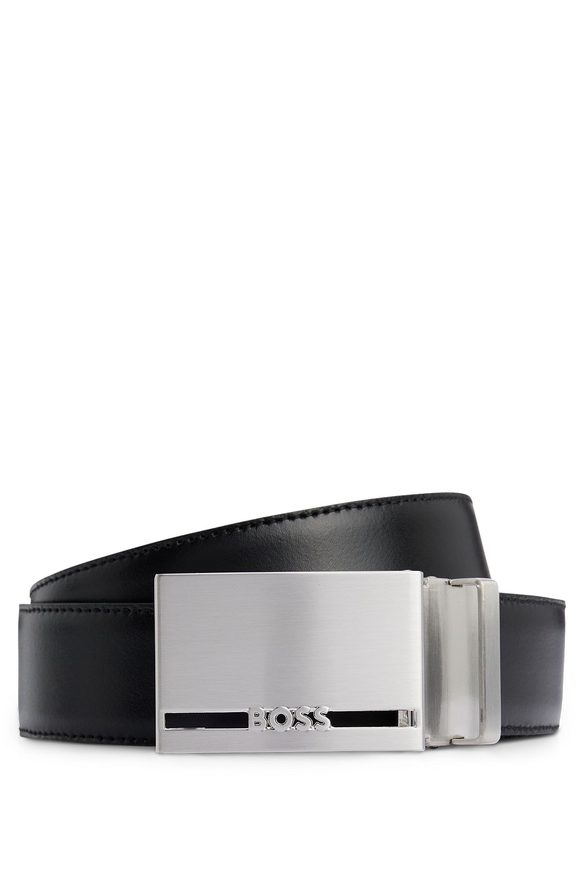 Italian-leather reversible belt with branded keeper, Black