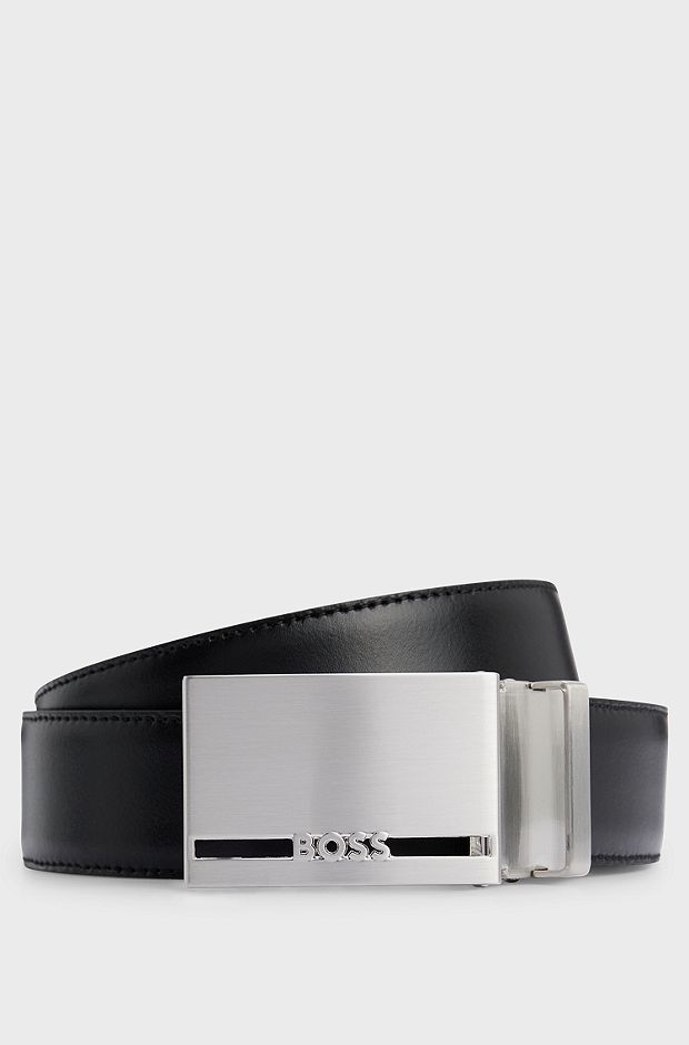 Italian-leather reversible belt with branded keeper, Black