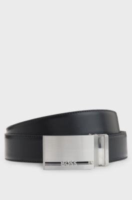 Reversible Italian-leather belt with two buckles, Black