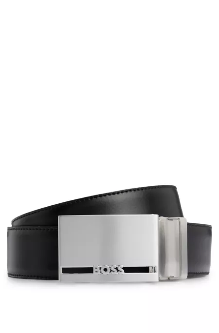 Italian-leather reversible belt with pin and plaque buckles