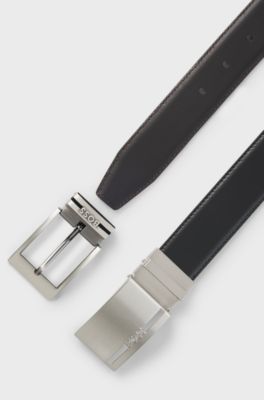Reversible belt in Italian leather with interchangeable buckles, Black