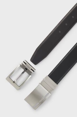Reversible Italian-leather belt with two buckles, Black