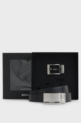 Reversible belt in Italian leather with interchangeable buckles, Black